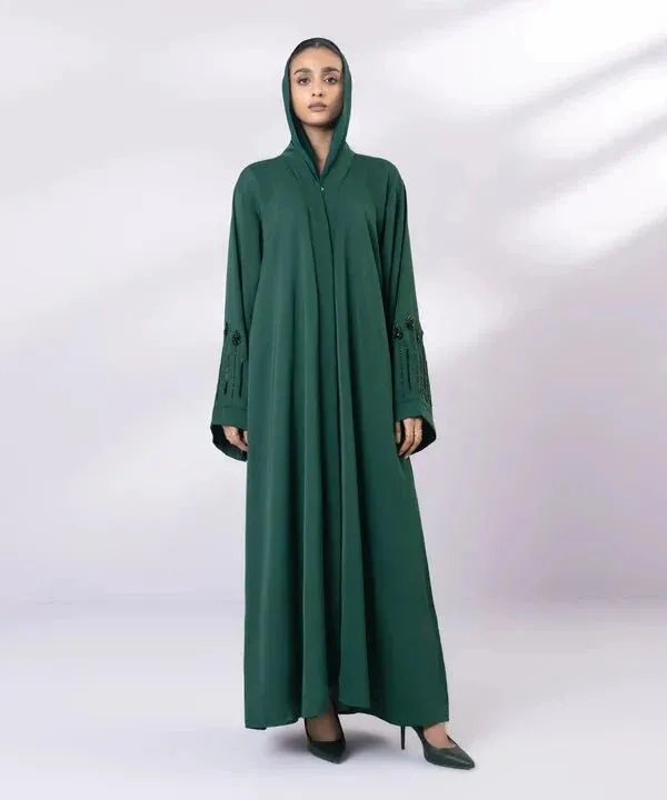 Green full length abaya with hand‑embellished sleeves – view 1 – Poshaq