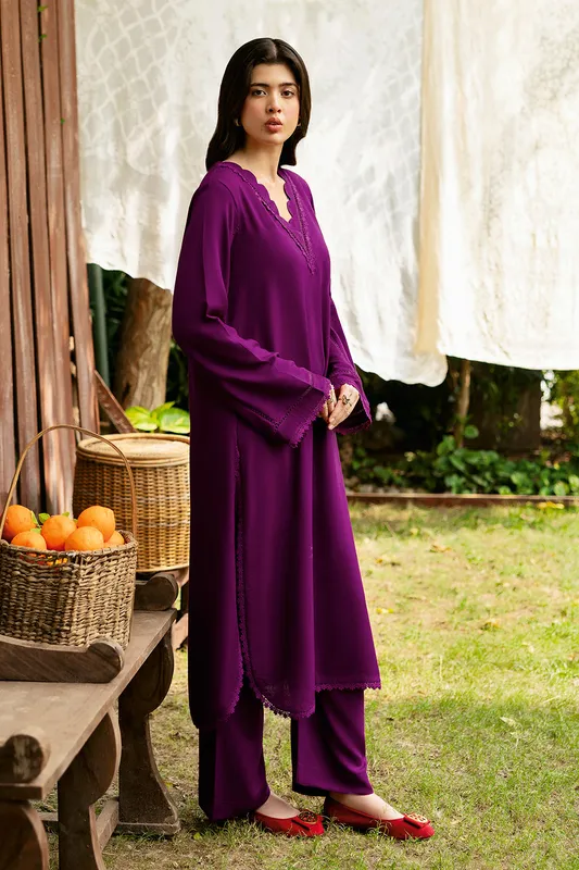 Plum long shirt in Karandi silk with subtle sheen – view 1 – Poshaq