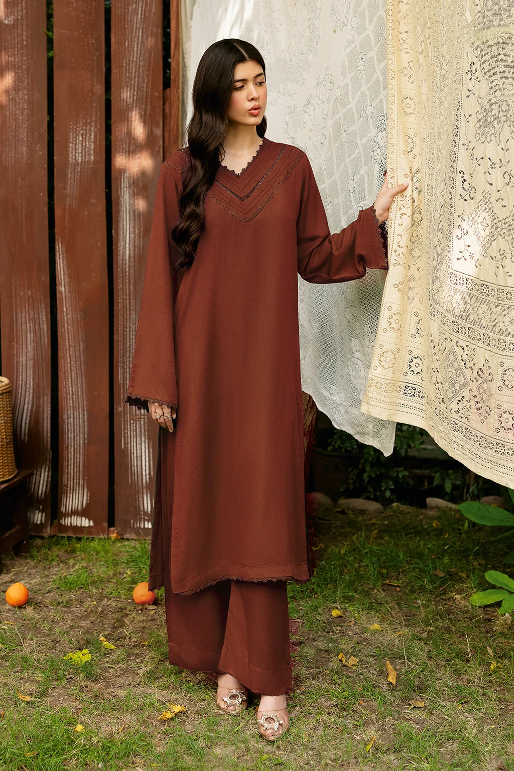 rust long shirt with V‑neck from Afsanah Basic Karandi – view 1 – Poshaq