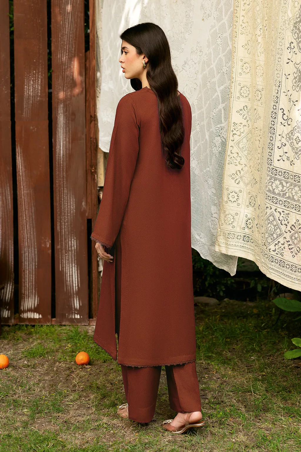 rust long shirt with V‑neck from Afsanah Basic Karandi – view 2 – Poshaq