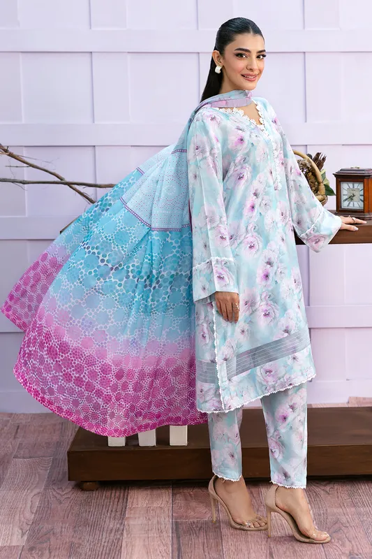 Light blue raw silk long shirt with digital print – view 1 – Poshaq