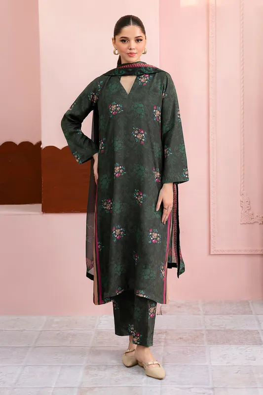 Bottle green long shirt in raw silk with muted rose detailing – view 1 – Poshaq