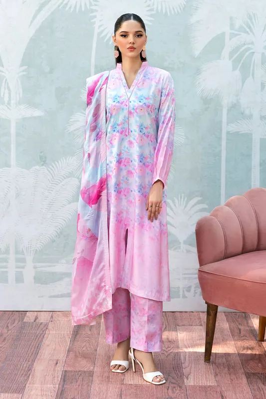 Pink silk three‑piece suit with printed top, trousers and dupatta – view 1 – Poshaq
