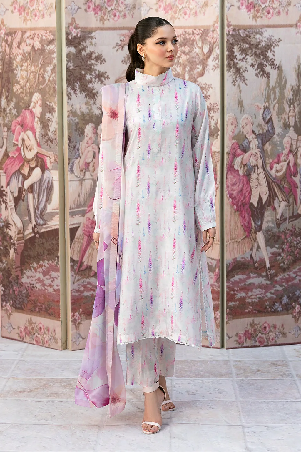 Off‑white long shirt in raw silk with silk dupatta detail – view 1 – Poshaq