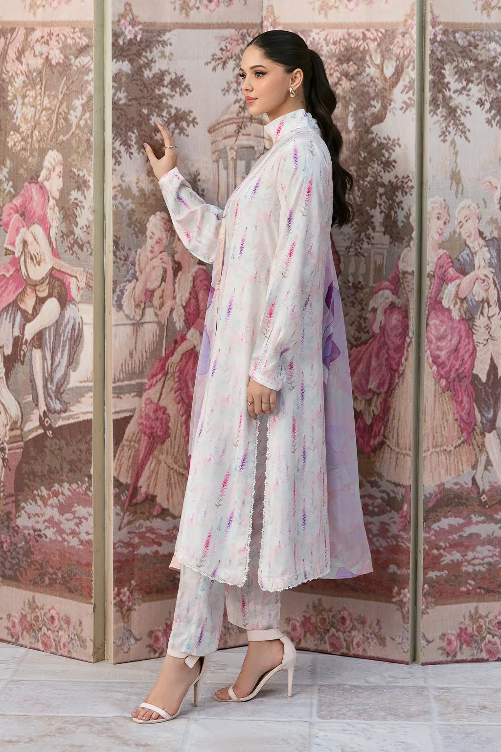 Off‑white long shirt in raw silk with silk dupatta detail – view 2 – Poshaq