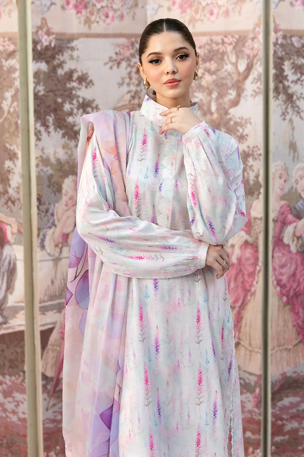 Off‑white long shirt in raw silk with silk dupatta detail – view 3 – Poshaq