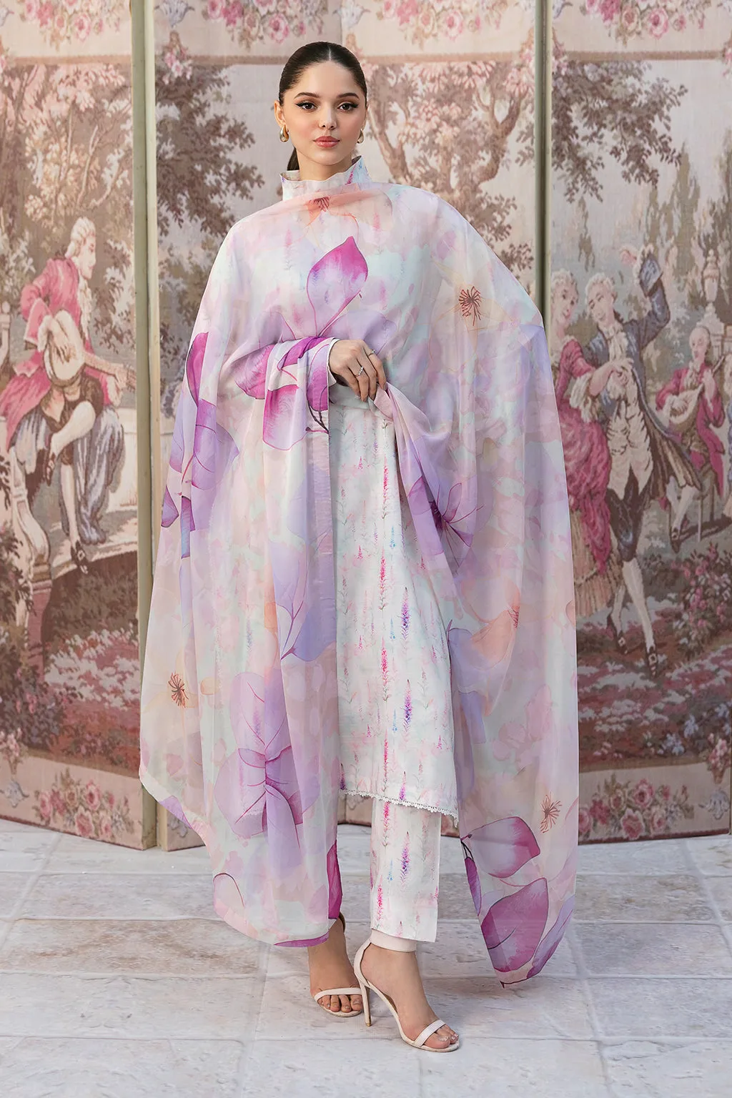 Off‑white long shirt in raw silk with silk dupatta detail – view 4 – Poshaq