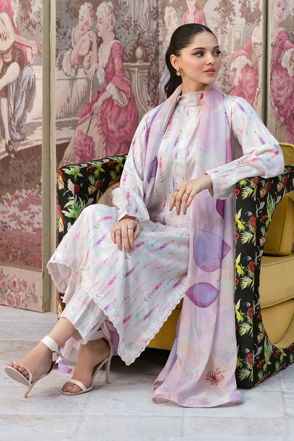Off‑white long shirt in raw silk with silk dupatta detail – view 6 – Poshaq