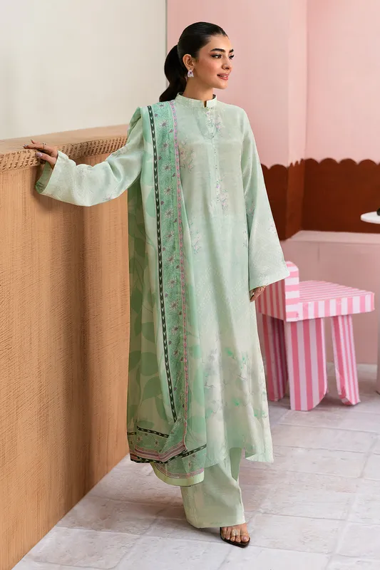 Pastel mint raw silk shirt with matching silk dupatta and trousers – view 1 – Poshaq