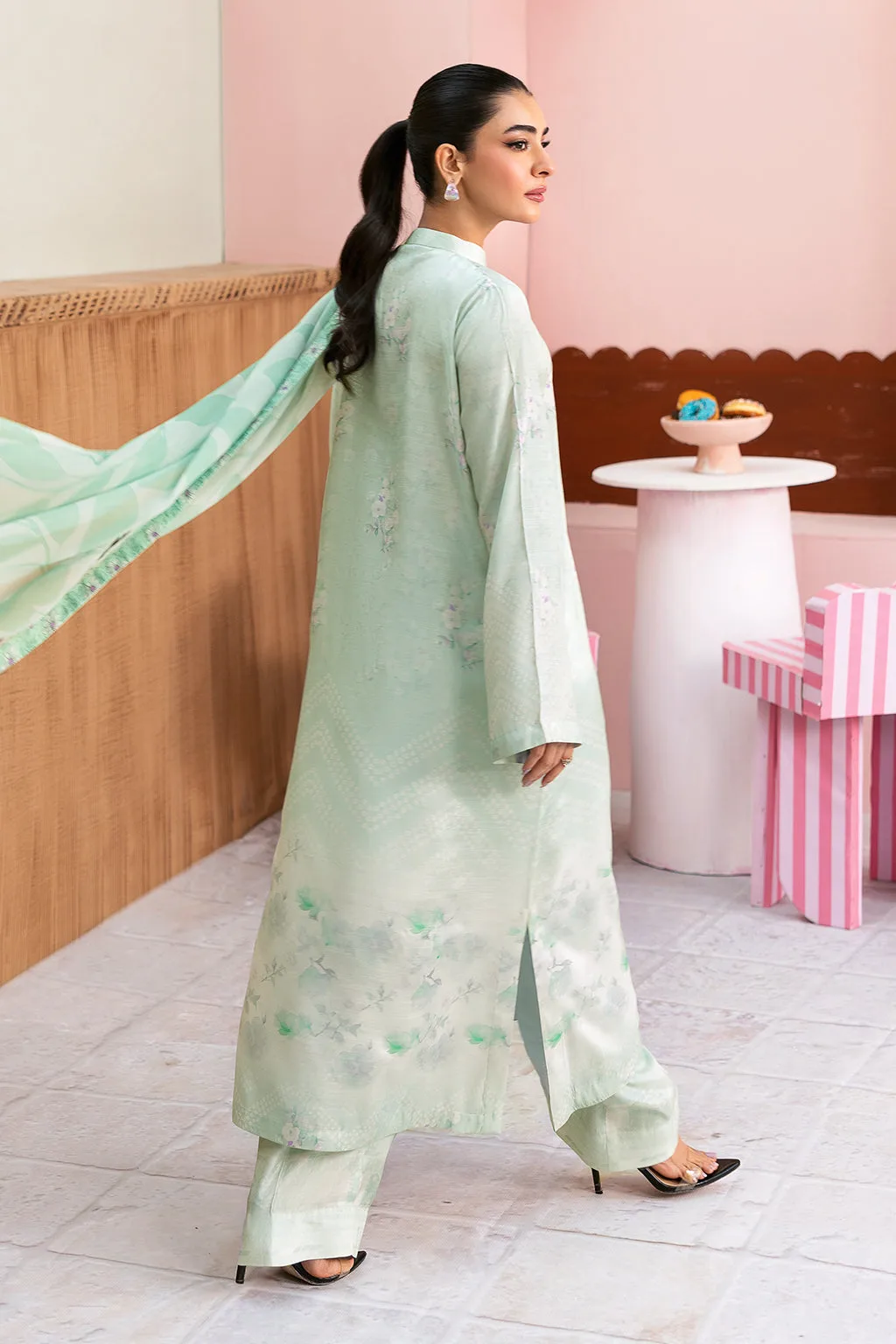 Pastel mint raw silk shirt with matching silk dupatta and trousers – view 2 – Poshaq
