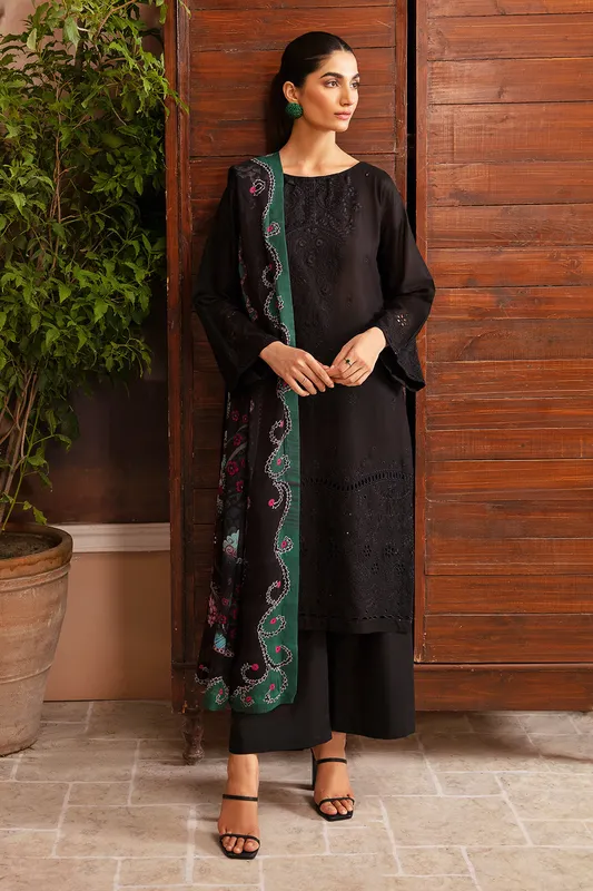 Black chiffon and lawn long shirt with embroidered front and sleeves – view 1 – Poshaq
