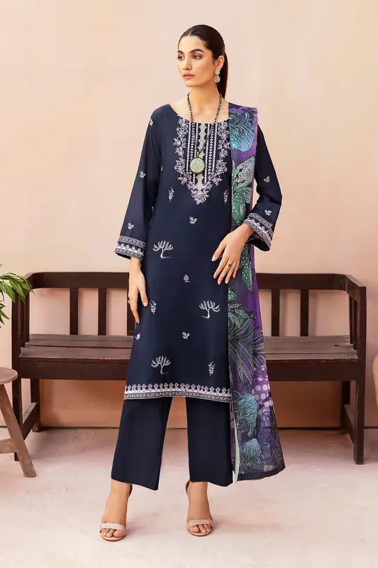 Midnight blue chiffon lawn dress with embroidered front and sleeves – view 1 – Poshaq