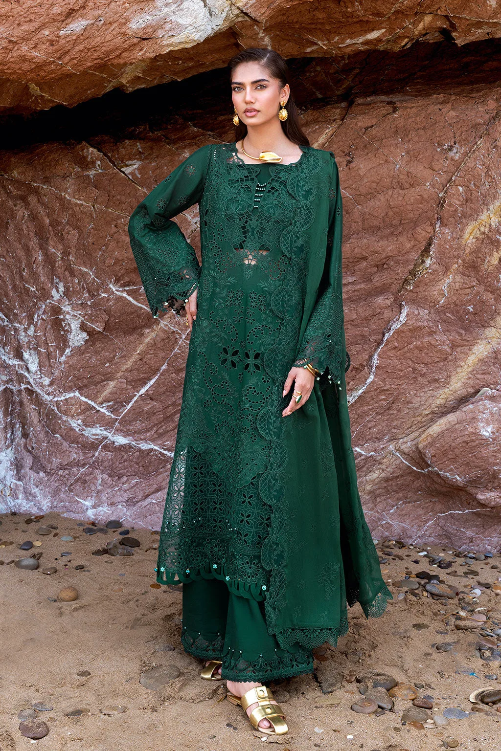 Bold green organza shirt with embroidered border, chiffon dupatta and matching lawn trouser – view 1 – Poshaq
