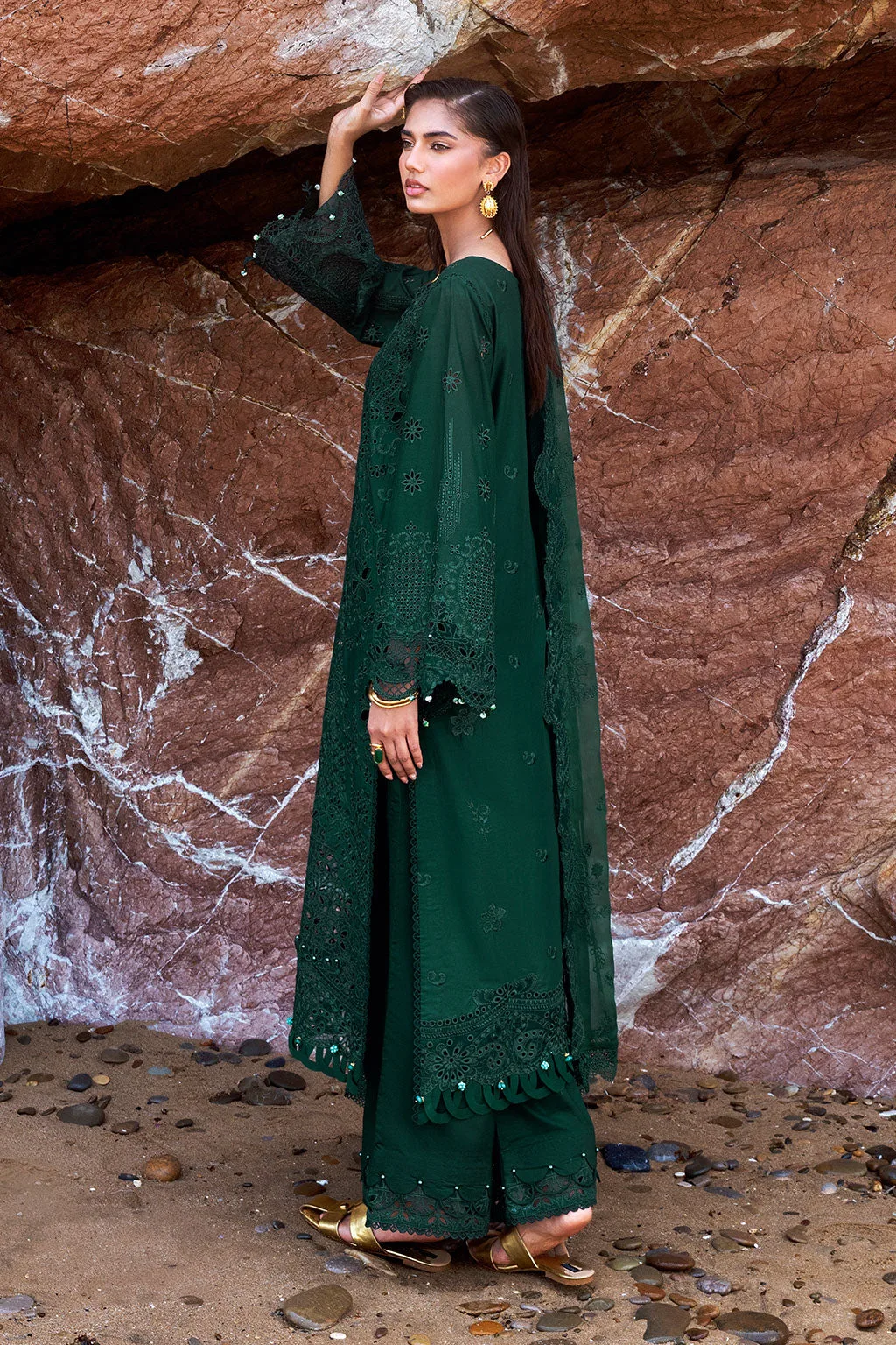 Bold green organza shirt with embroidered border, chiffon dupatta and matching lawn trouser – view 2 – Poshaq