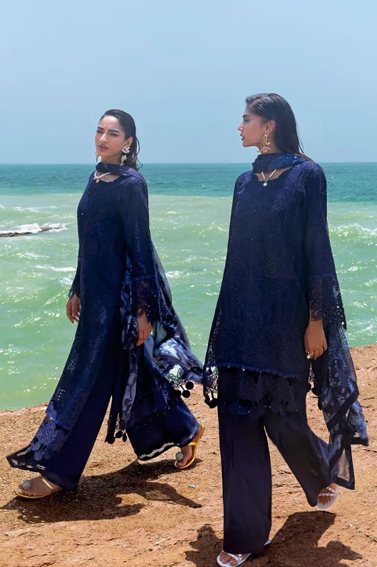 Deep blue long shirt with organza embroidered border – view 1 – Poshaq