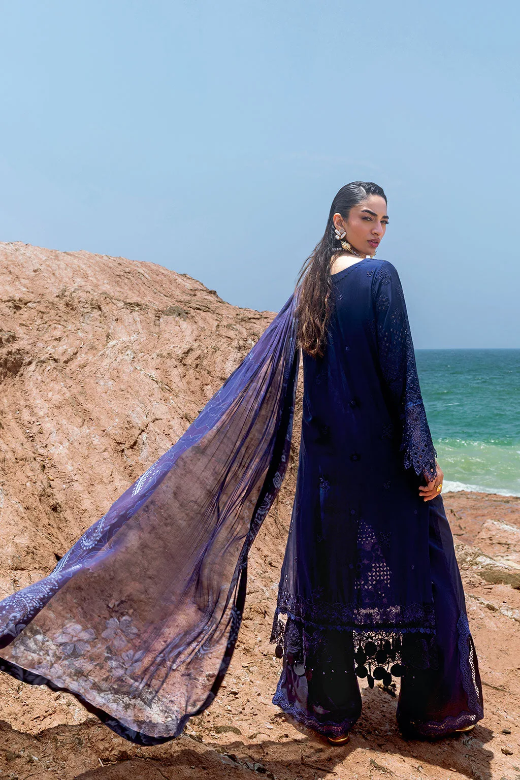 Deep blue long shirt with organza embroidered border – view 10 – Poshaq