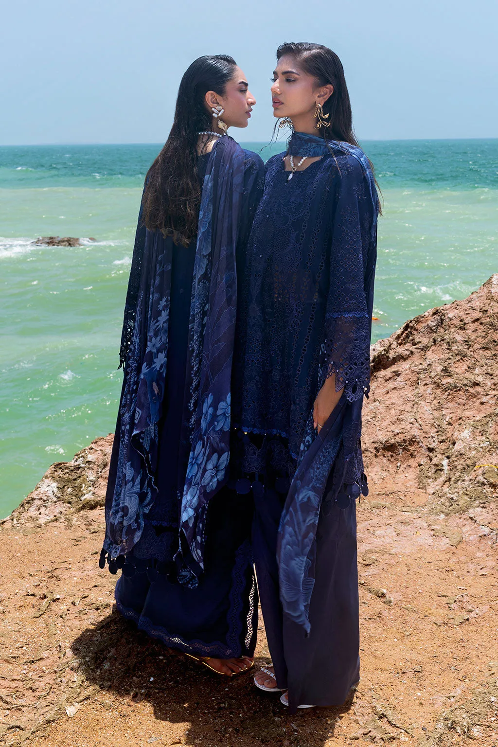 Deep blue long shirt with organza embroidered border – view 2 – Poshaq
