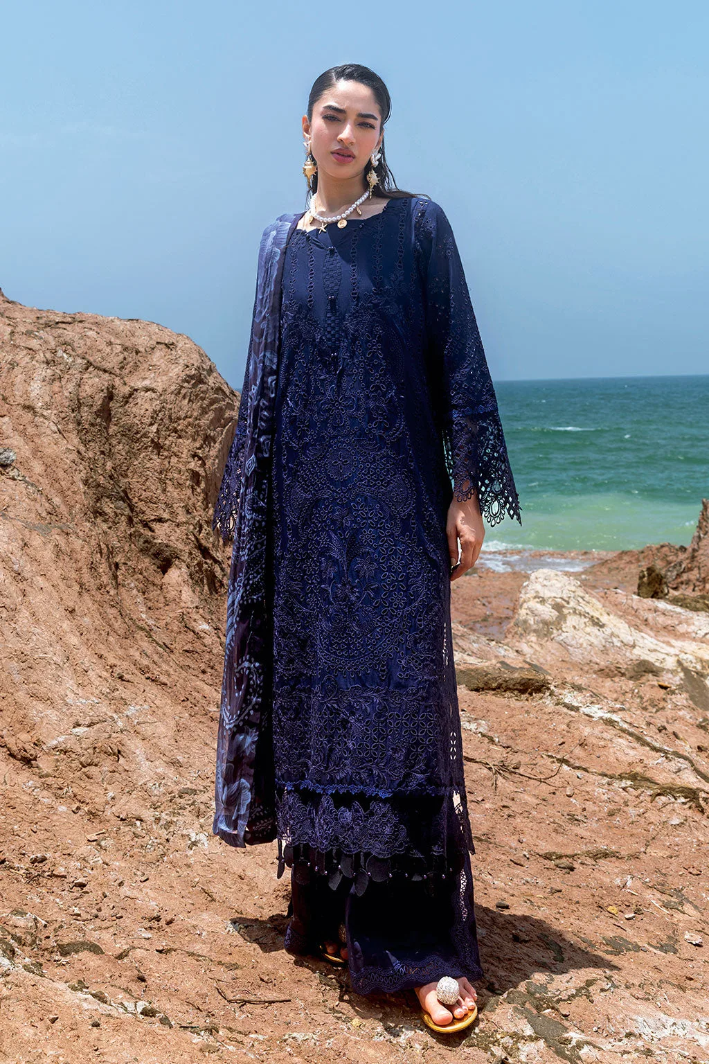 Deep blue long shirt with organza embroidered border – view 3 – Poshaq