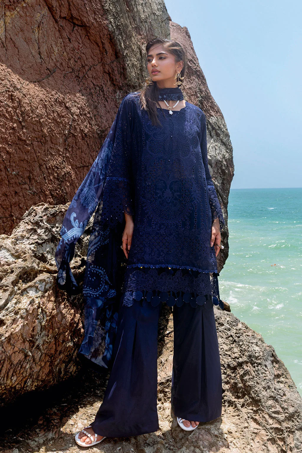 Deep blue long shirt with organza embroidered border – view 4 – Poshaq