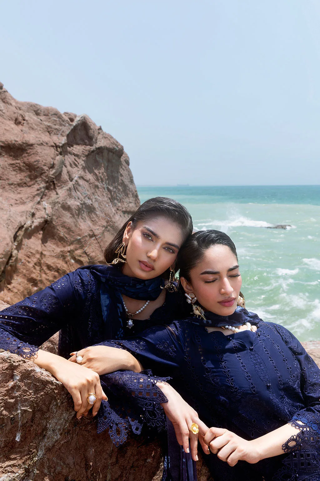 Deep blue long shirt with organza embroidered border – view 5 – Poshaq