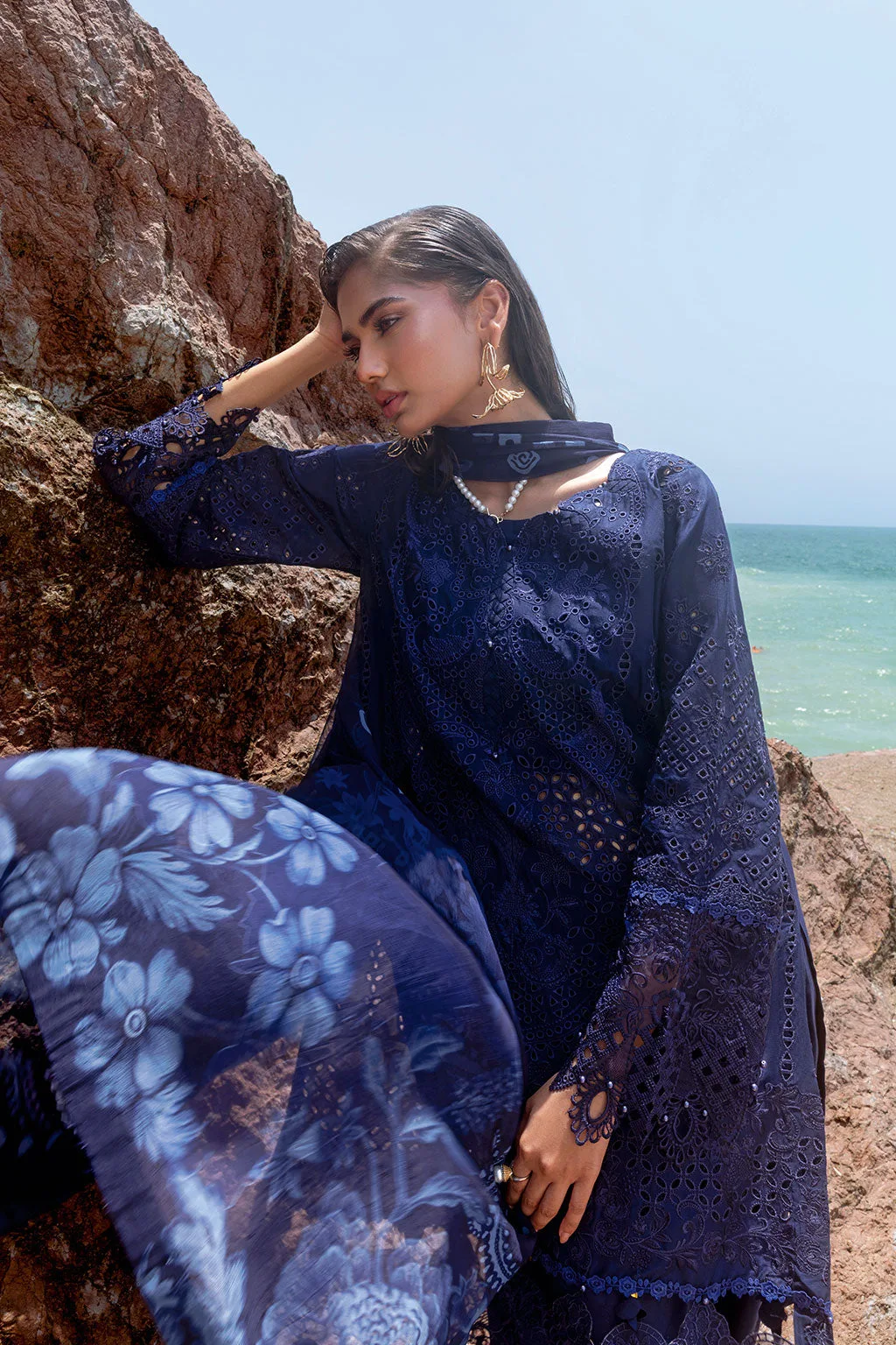 Deep blue long shirt with organza embroidered border – view 6 – Poshaq