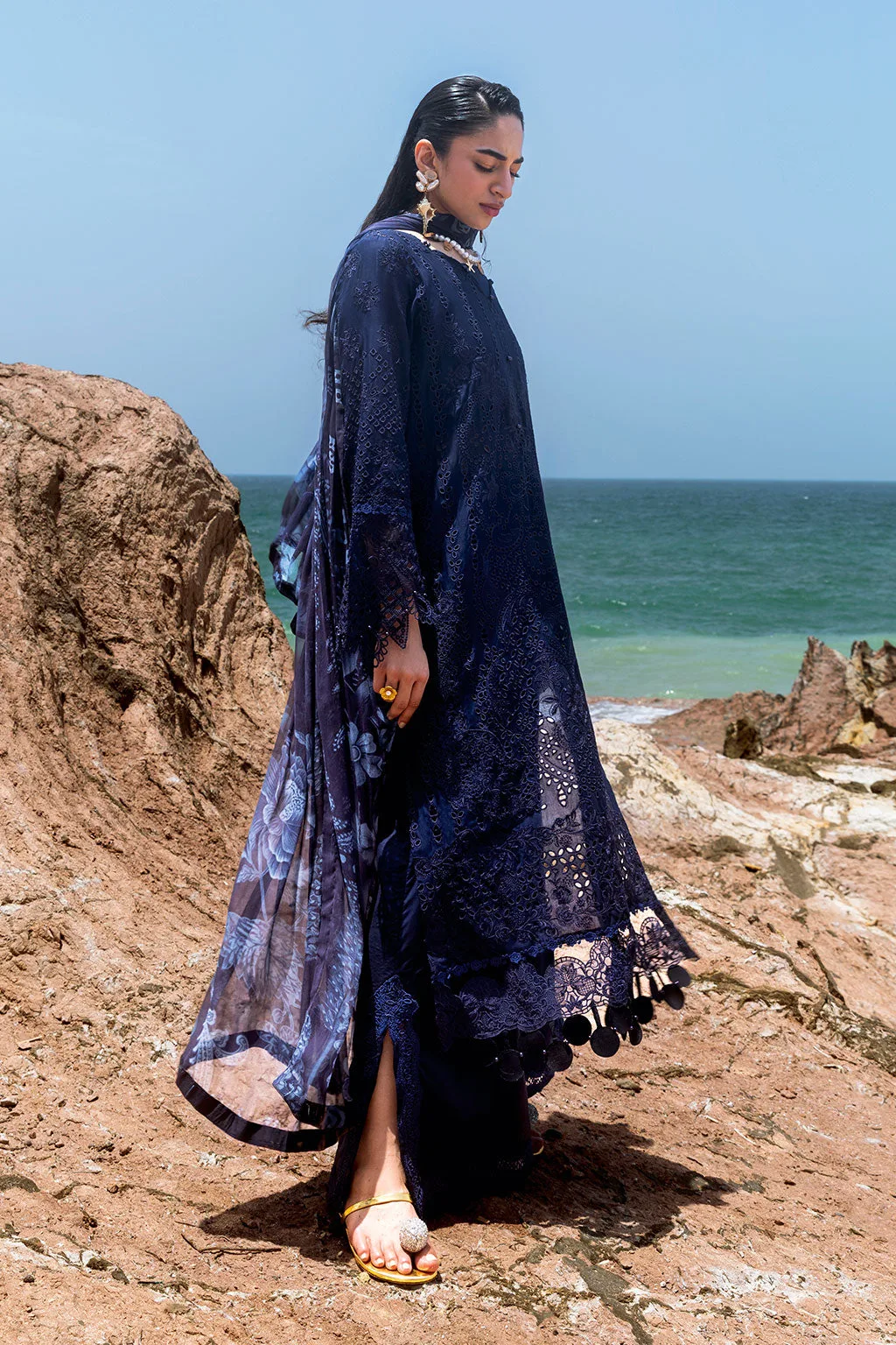 Deep blue long shirt with organza embroidered border – view 7 – Poshaq