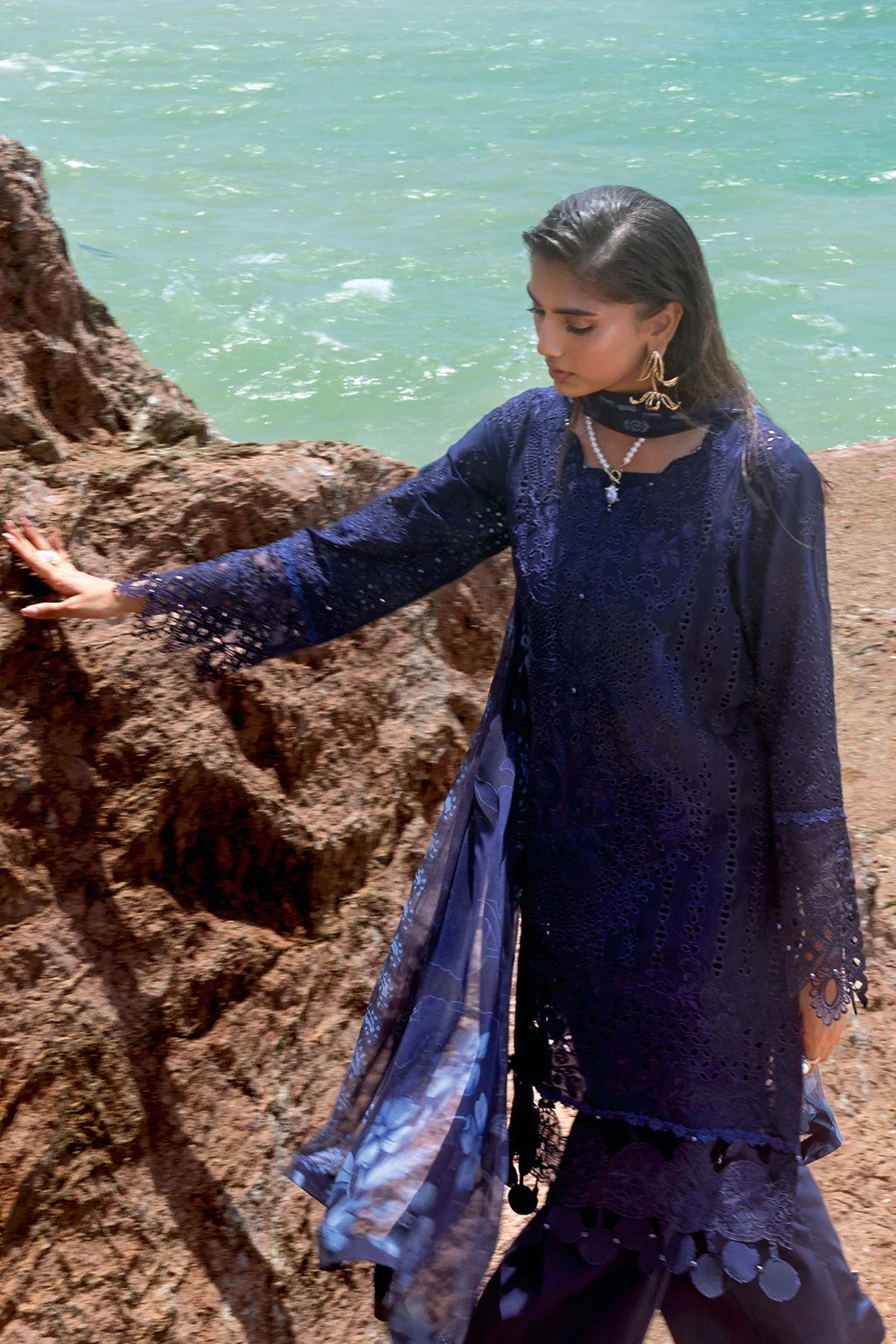 Deep blue long shirt with organza embroidered border – view 8 – Poshaq