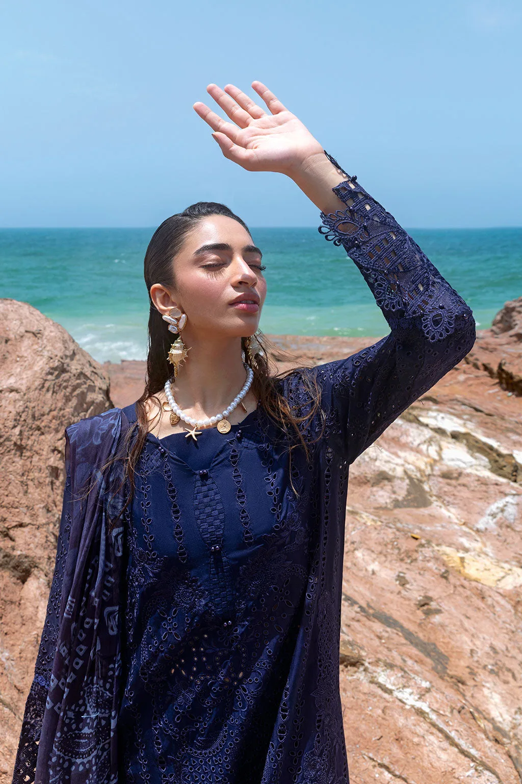 Deep blue long shirt with organza embroidered border – view 9 – Poshaq