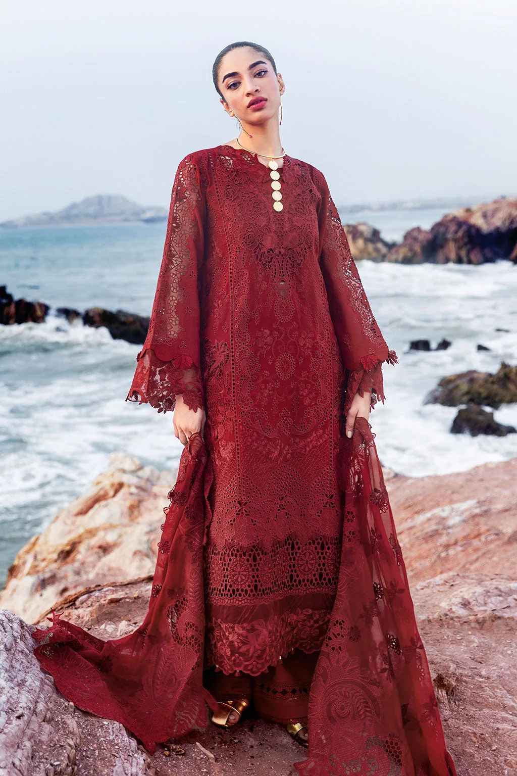 Blood red organza lawn dress with embroidered detailing – view 1 – Poshaq