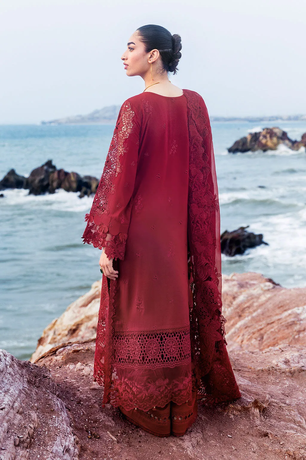 Blood red organza lawn dress with embroidered detailing – view 2 – Poshaq
