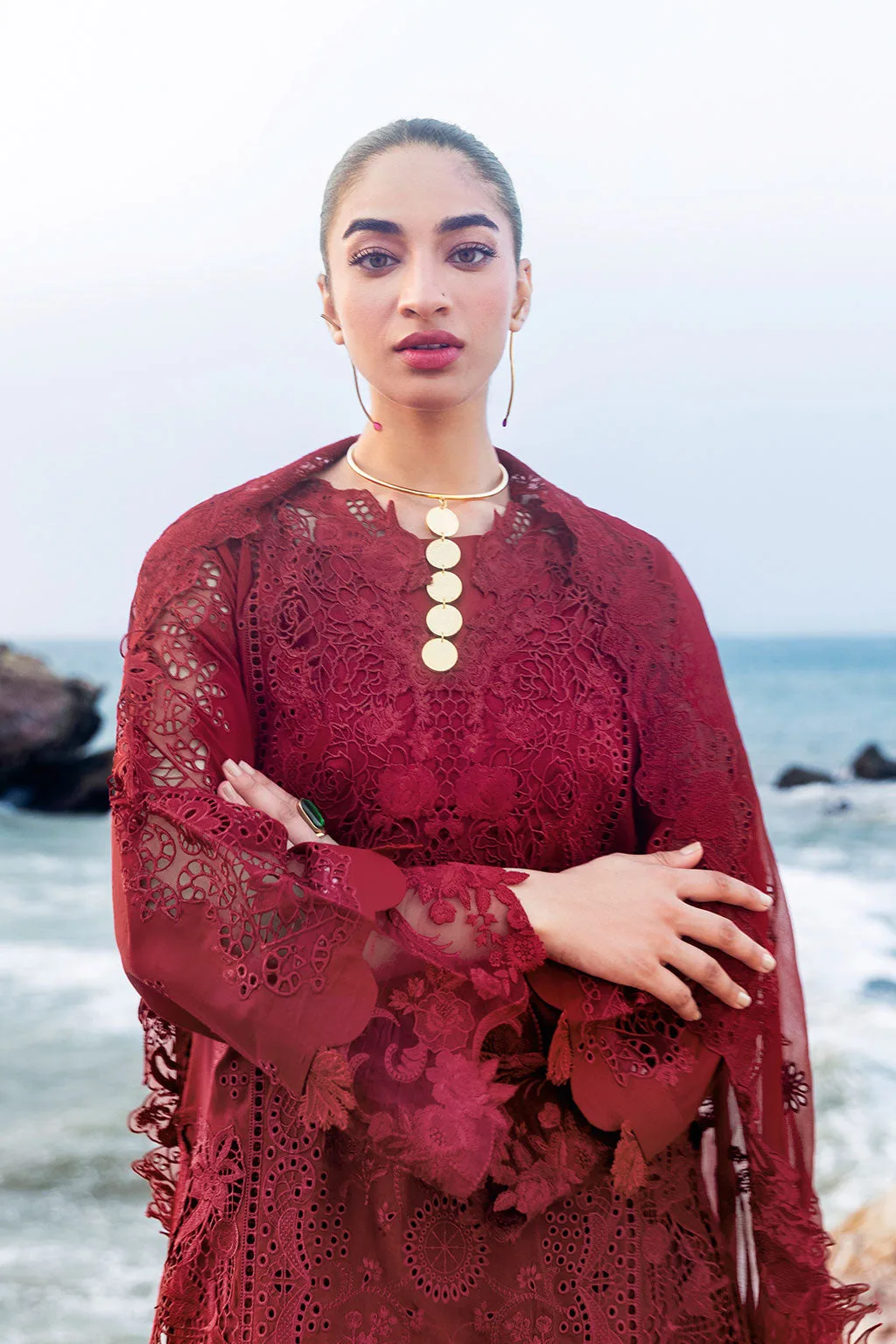 Blood red organza lawn dress with embroidered detailing – view 3 – Poshaq