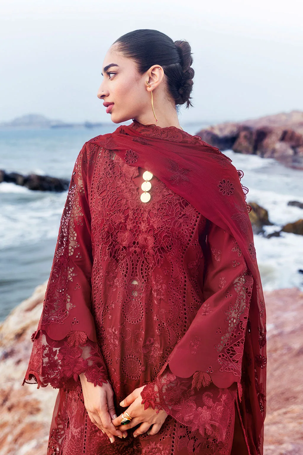 Blood red organza lawn dress with embroidered detailing – view 4 – Poshaq