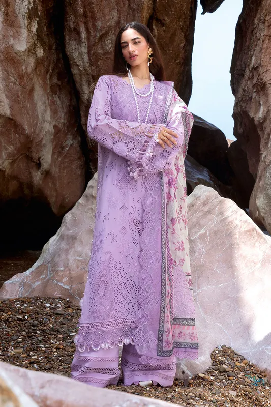 Lavender embroidered lawn long shirt with organza trim and matching dupatta – view 1 – Poshaq