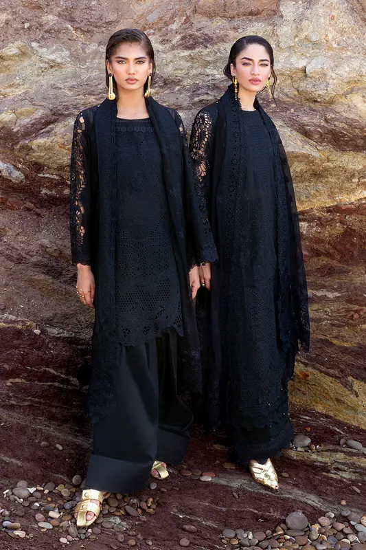 black long shirt with organza and chiffon embroidery – view 1 – Poshaq