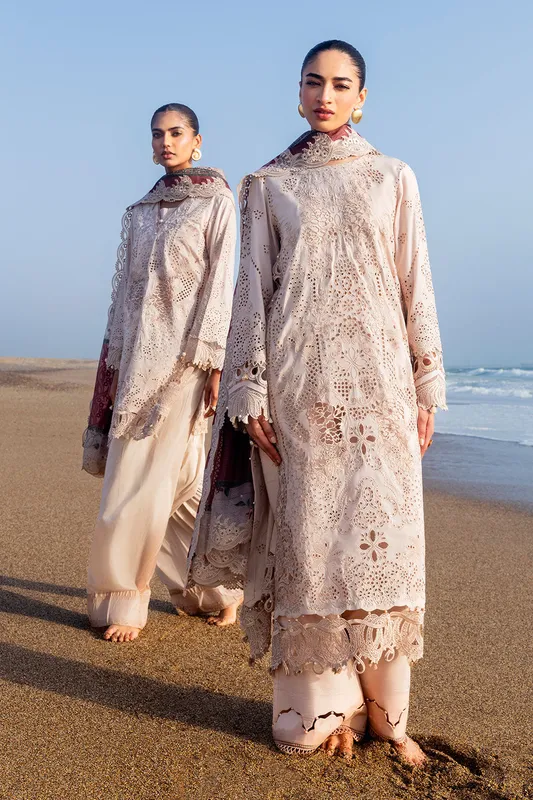 Dusty beige three‑piece suit with organza shirt, net dupatta and trouser – view 1 – Poshaq