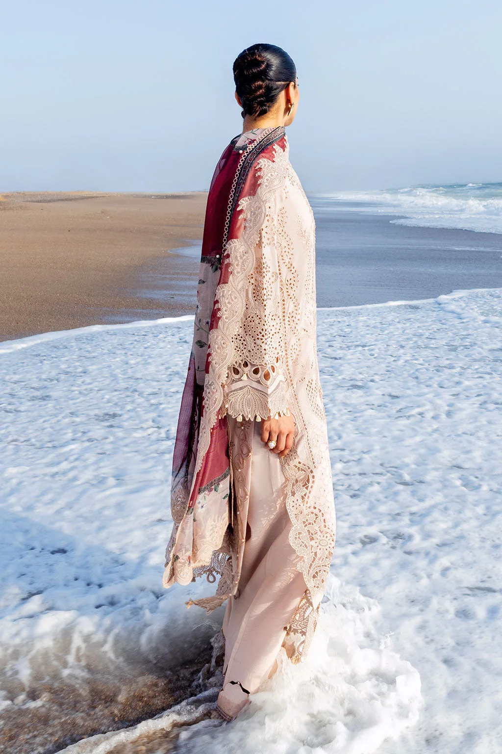 Dusty beige three‑piece suit with organza shirt, net dupatta and trouser – view 10 – Poshaq