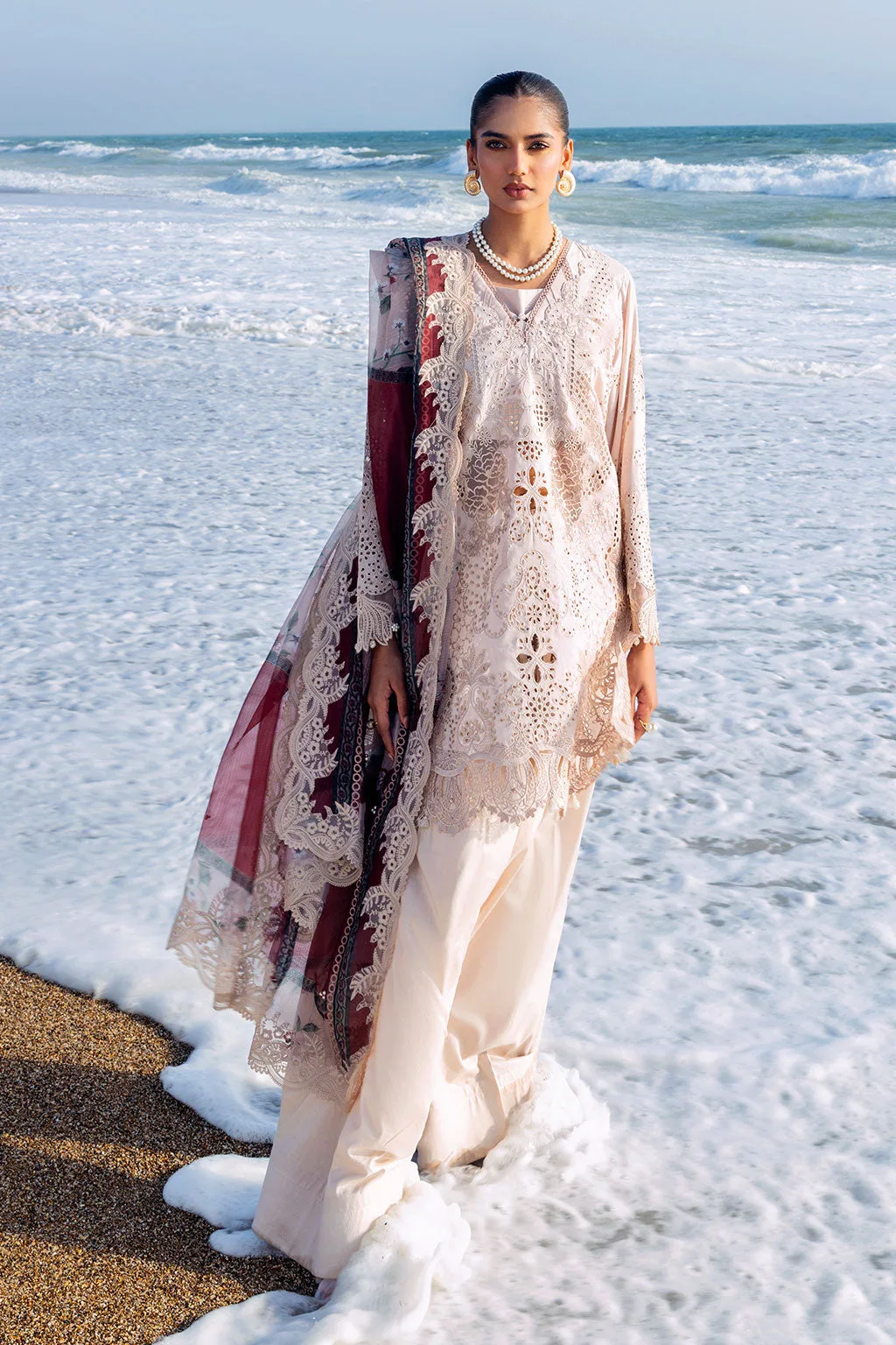 Dusty beige three‑piece suit with organza shirt, net dupatta and trouser – view 11 – Poshaq