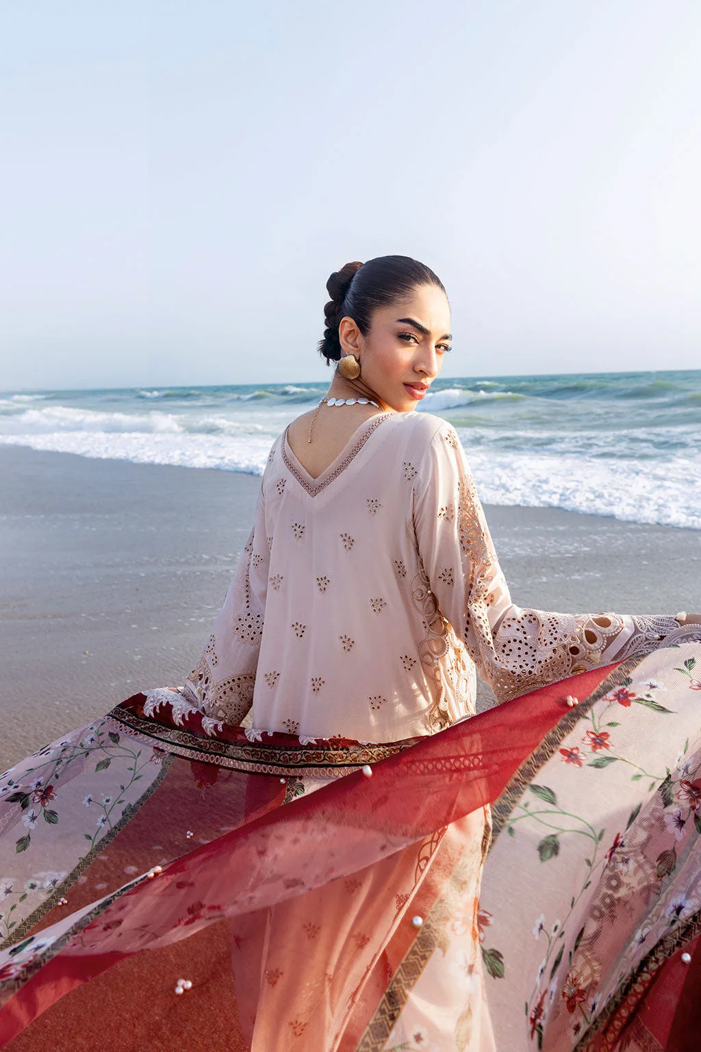 Dusty beige three‑piece suit with organza shirt, net dupatta and trouser – view 2 – Poshaq