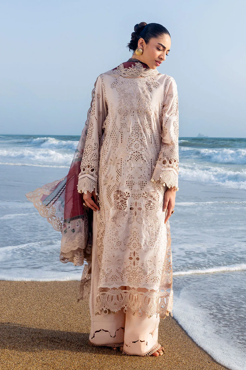 Dusty beige three‑piece suit with organza shirt, net dupatta and trouser – view 3 – Poshaq