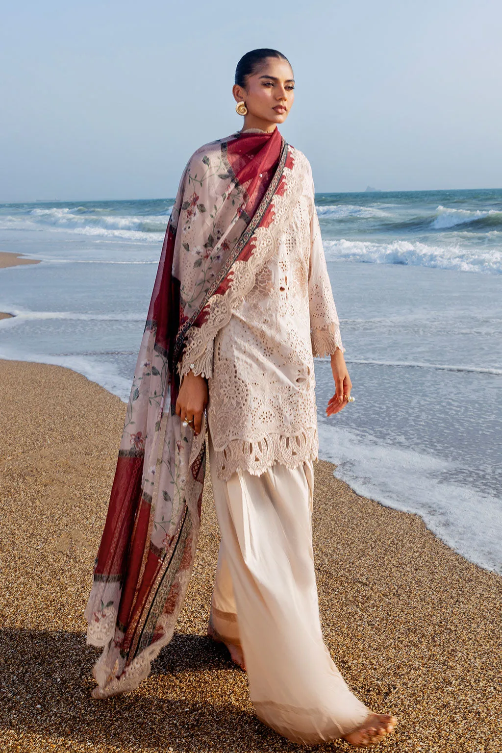 Dusty beige three‑piece suit with organza shirt, net dupatta and trouser – view 6 – Poshaq
