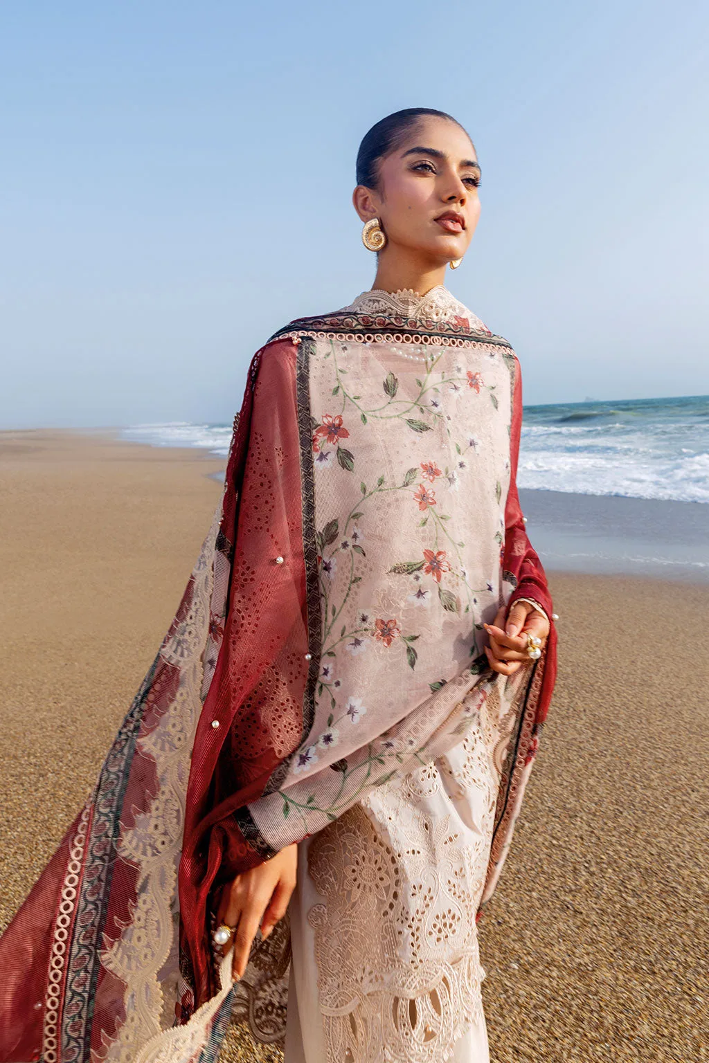 Dusty beige three‑piece suit with organza shirt, net dupatta and trouser – view 7 – Poshaq