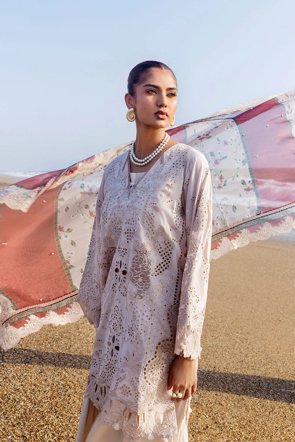 Dusty beige three‑piece suit with organza shirt, net dupatta and trouser – view 8 – Poshaq