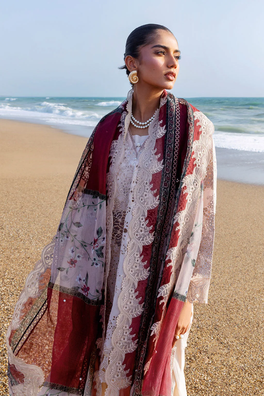 Dusty beige three‑piece suit with organza shirt, net dupatta and trouser – view 9 – Poshaq