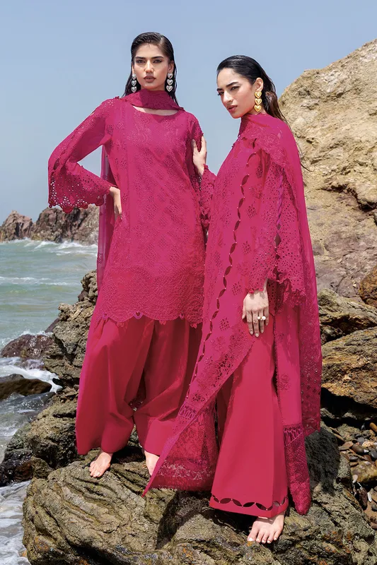 Shocking Pink long shirt with embroidered organza borders – view 1 – Poshaq