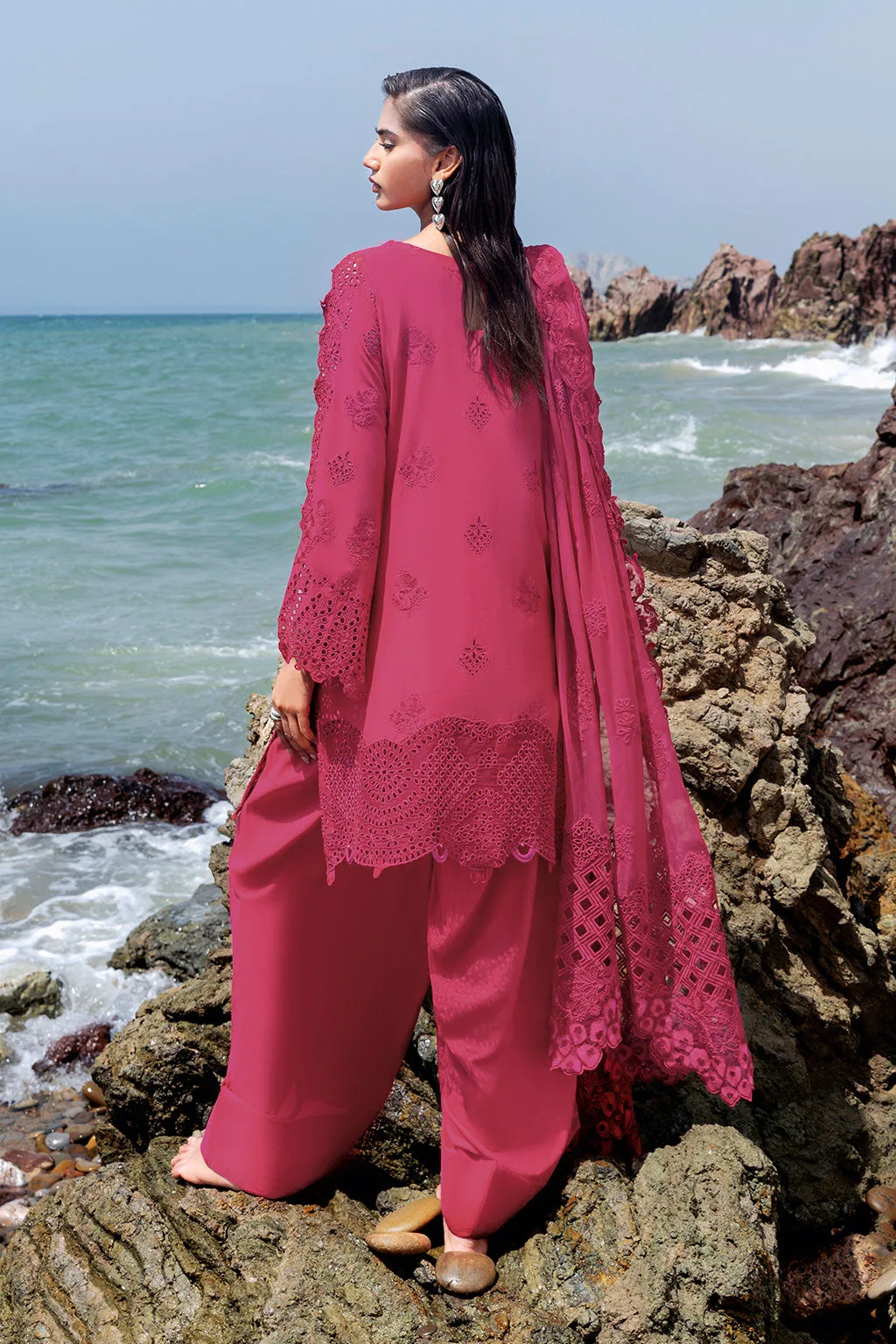 Shocking Pink long shirt with embroidered organza borders – view 2 – Poshaq