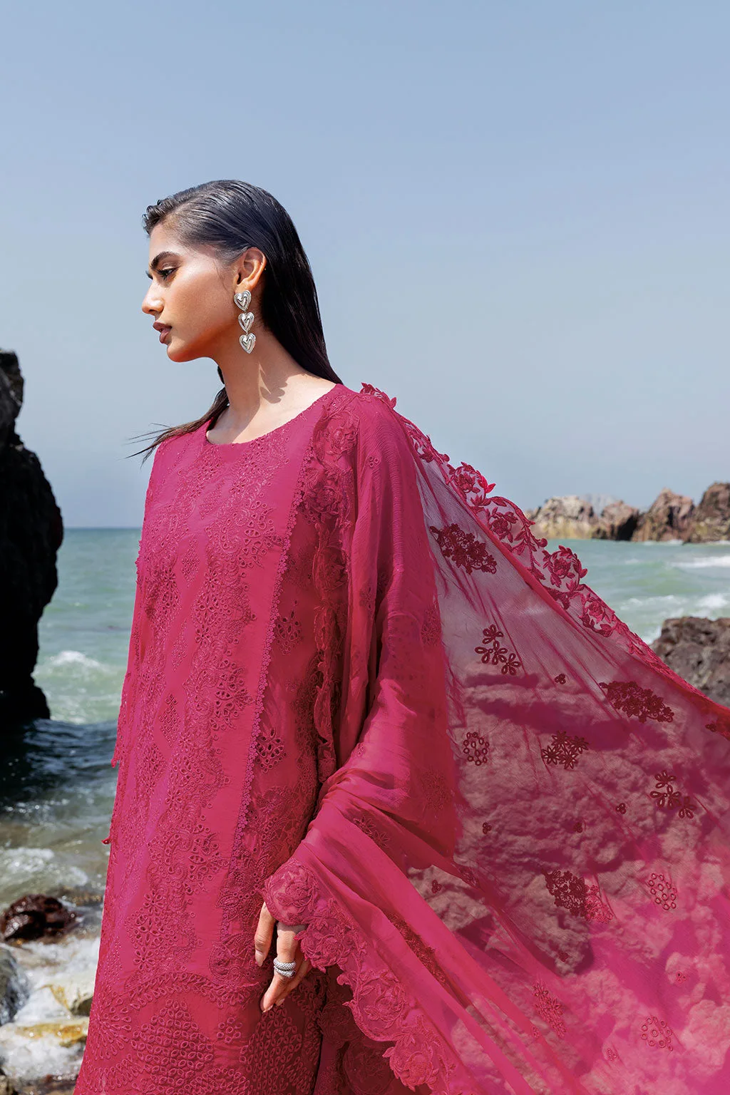 Shocking Pink long shirt with embroidered organza borders – view 3 – Poshaq