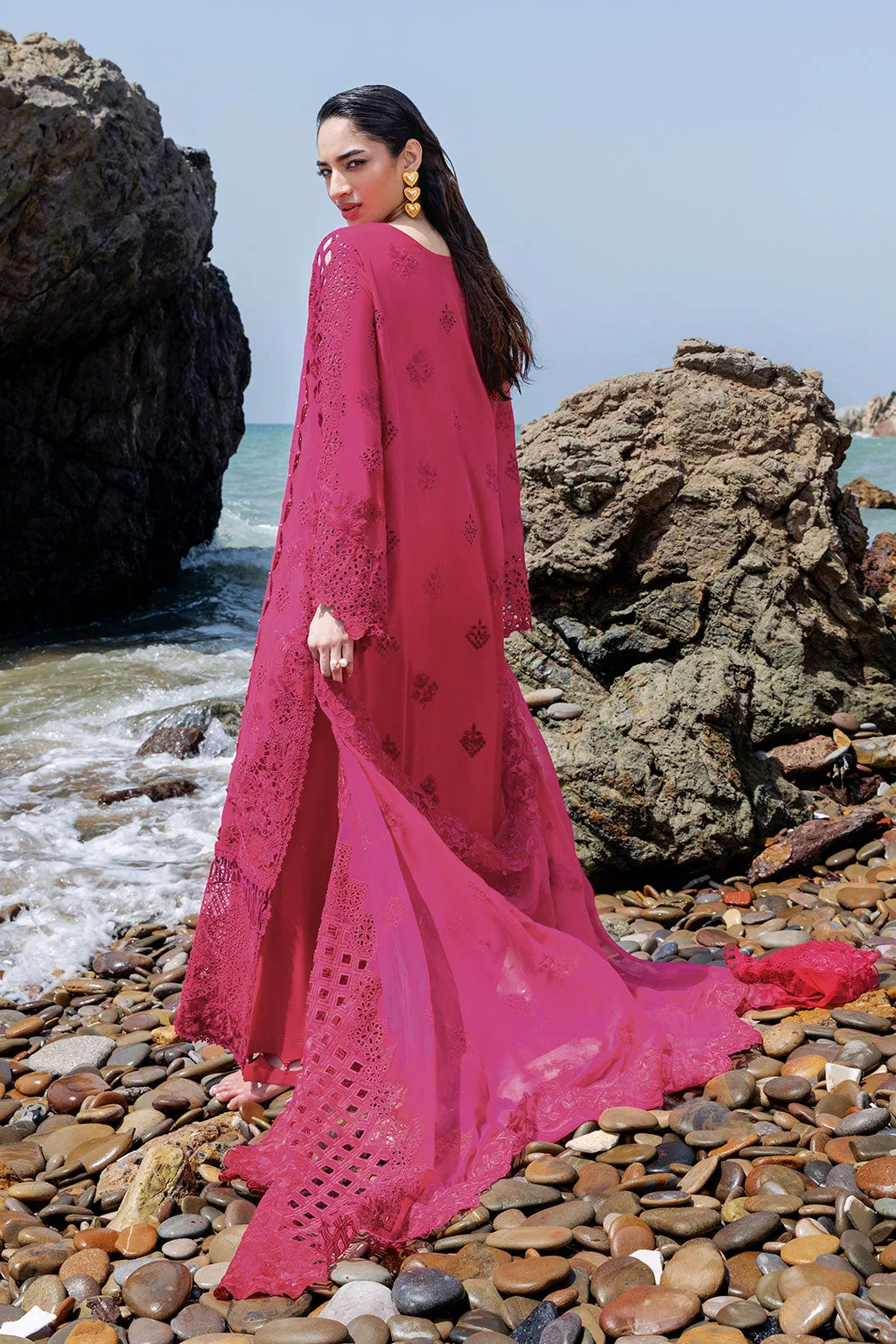 Shocking Pink long shirt with embroidered organza borders – view 4 – Poshaq