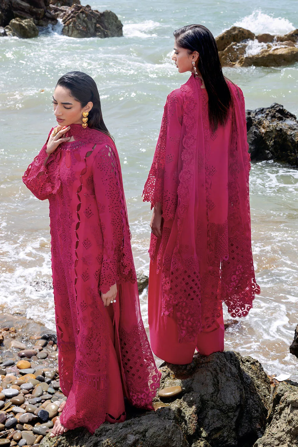 Shocking Pink long shirt with embroidered organza borders – view 5 – Poshaq