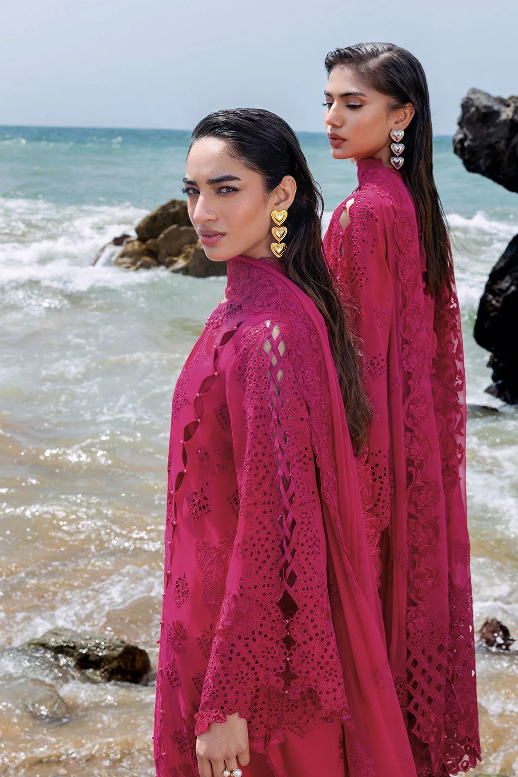 Shocking Pink long shirt with embroidered organza borders – view 6 – Poshaq