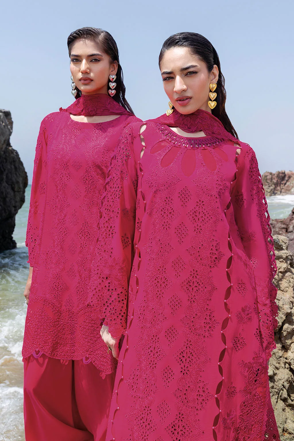 Shocking Pink long shirt with embroidered organza borders – view 7 – Poshaq